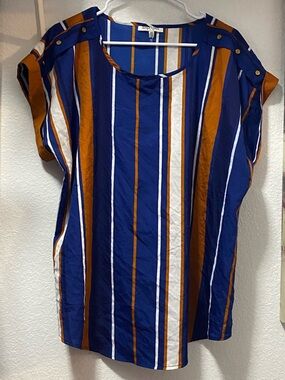 Striped Button-Shoulder Blouse in Royal Blue & Mustard